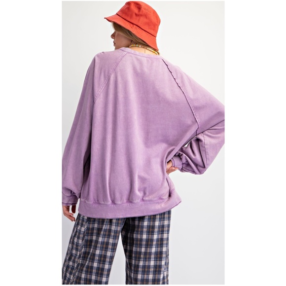 Easel Dusty Lavender Cotton Loose Fit Mineral Wash Pullover Sweater - Picture 3 of 5